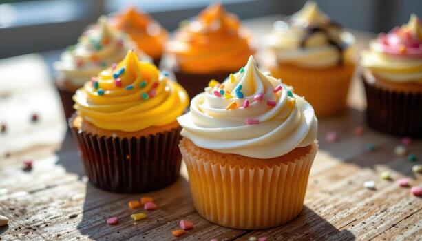 close up of cupcakes with bright frosting patterns, sprinkles, and chocolate drizzle on a wooden surface, morning sunlight softly streaming, no humans. photo