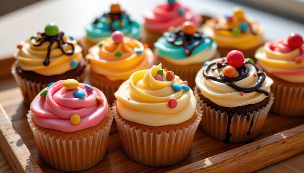 close up of cupcakes with bright frosting patterns, chocolate drizzle, and candy decorations on a wooden tray, sunlight softly illuminating textures, no humans. photo