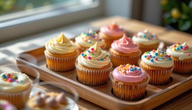 un bandeja de festivo magdalenas con vistoso Crema patrones y asperja en un de madera superficie, Mañana luz de sol suavemente destacando detalles, No humanos foto