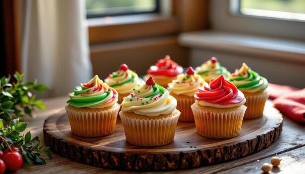 festivo magdalenas con rojo, verde, y amarillo Crema patrones en un de madera bandeja, luz de sol suavemente transmisión, rústico texturas, acogedor atmósfera, No humanos foto