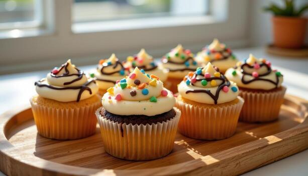 festivo magdalenas con chocolate llovizna y vistoso Crema patrones en un de madera plato, Mañana luz de sol suavemente esclarecedor, No humanos foto