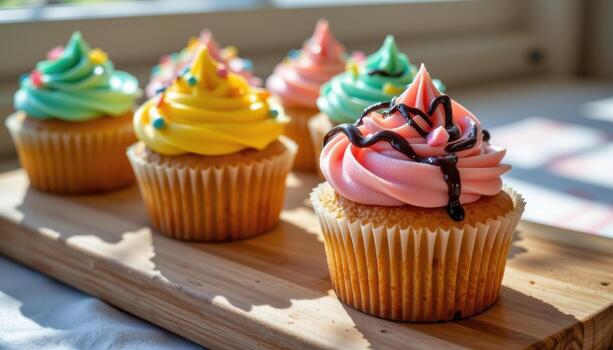 close up of cupcakes with bright frosting patterns and chocolate drizzle on a wooden board, sunlight softly illuminating, no humans. photo
