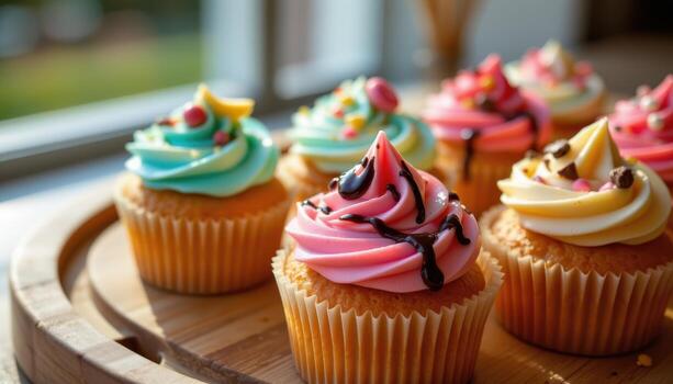 close up of cupcakes with bright frosting patterns and chocolate drizzle on a wooden tray, morning sunlight softly illuminating, no humans. photo