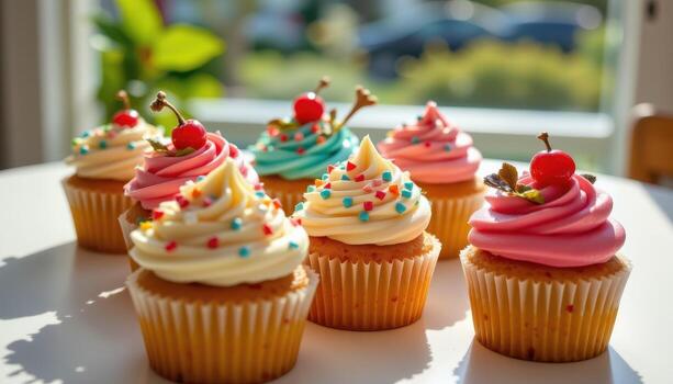 a set of decorated cupcakes with festive sprinkles and icing patterns on a table, warm sunlight, no humans around. photo