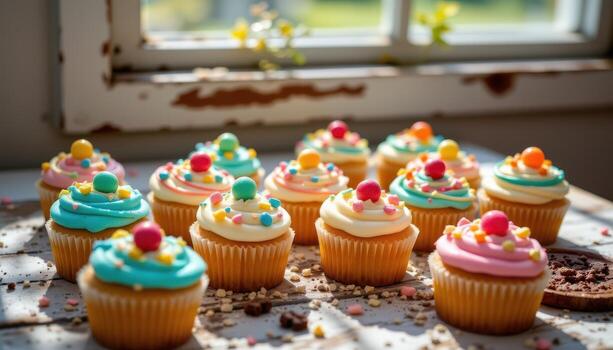 a collection of decorated cupcakes with bright frosting patterns and candy accents on a rustic table, sunlight illuminating, no humans. photo
