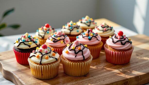 festivo magdalenas con chocolate llovizna y brillante Crema patrones arreglado en un de madera superficie, luz de sol suavemente transmisión, No humanos visible. foto