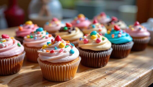 festive cupcakes with colorful frosting patterns and candy accents arranged neatly on a wooden surface, sunlight softly shining, no humans. photo