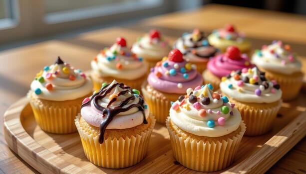 festive cupcakes with bright frosting patterns and chocolate drizzle arranged on a wooden tray, morning sunlight, no humans present. photo