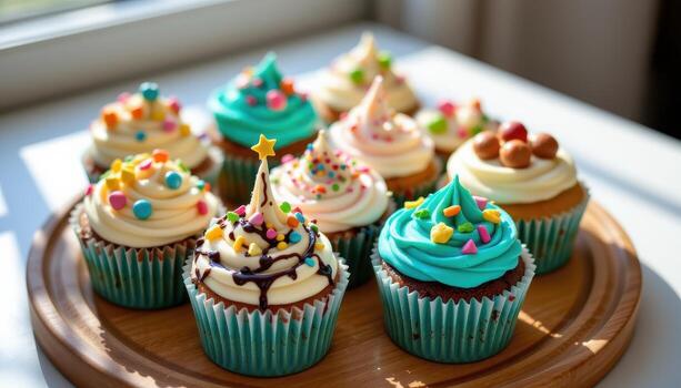 festivo magdalenas con chocolate llovizna y brillante Crema patrones arreglado en un de madera plato, luz de sol suavemente destacando texturas, No humanos foto