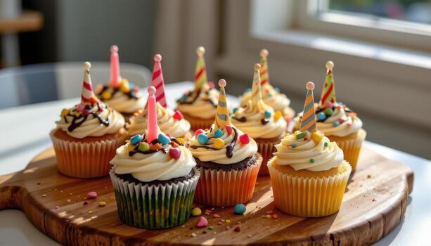 festive cupcakes arranged on a wooden board with chocolate drizzle and bright frosting patterns, sunlight streaming warmly, no humans nearby. photo