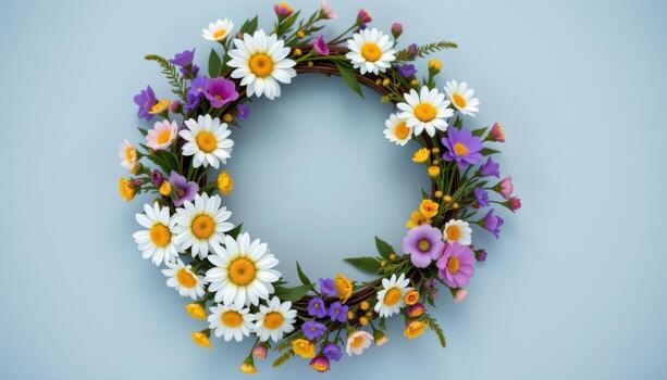 rústico flor silvestre guirnalda con margaritas, acianos, lavanda tallos, minúsculo brotes, suave circular disposición. foto