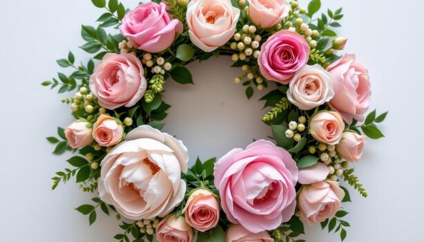 romantic floral wreath with peonies, roses, soft greenery, tiny buds, elegant circular spring arrangement. photo
