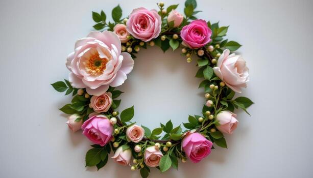 romantic floral wreath with peonies, roses, soft greenery, tiny buds, elegant circular spring pattern. photo