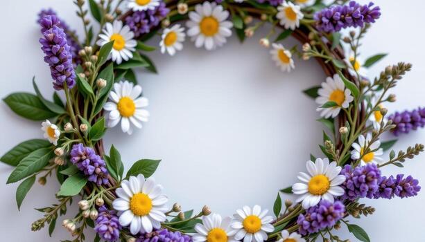 spring lavender wreath with daisies, green leaves, tiny buds, gentle harmonious circular layout. photo