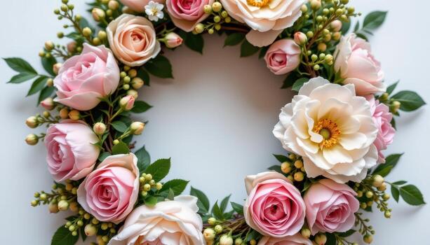romantic floral wreath with peonies, roses, soft greenery, tiny buds, elegant spring circular shape. photo
