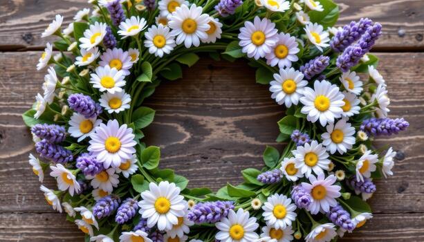 spring lavender wreath with daisies, green leaves, tiny buds, circular gentle symmetrical design. photo