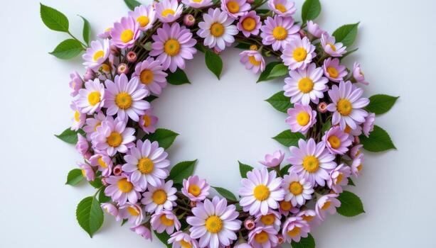 spring lilac wreath with daisies, green leaves, tiny buds, arranged in gentle harmonious circular design. photo