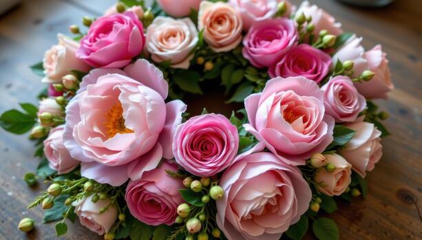 romantic floral wreath with peonies, roses, soft greenery, tiny buds, elegant circular spring composition. photo