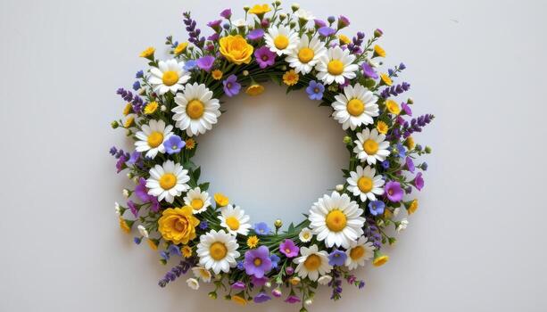 rustic wildflower wreath with daisies, cornflowers, lavender stems, tiny buds, soft circular natural pattern. photo