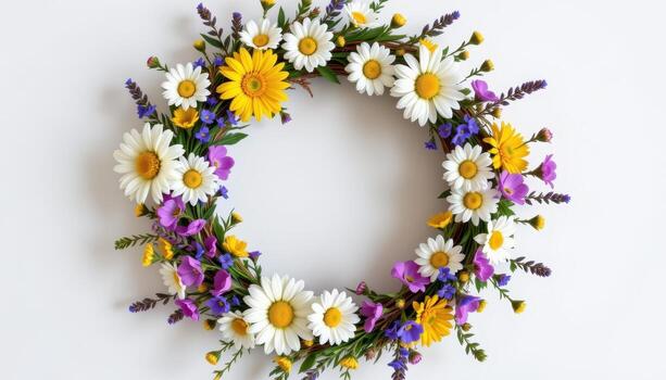 rustic wildflower wreath with daisies, cornflowers, lavender stems, small buds, soft circular natural pattern. photo