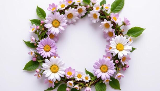 spring lilac wreath with daisies, green leaves, tiny buds, arranged in soft circular harmonious composition. photo
