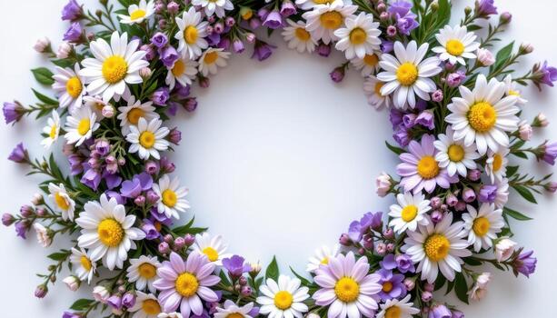 spring flower wreath with lavender, daisies, soft green leaves, tiny buds, circular harmonious floral shape. photo
