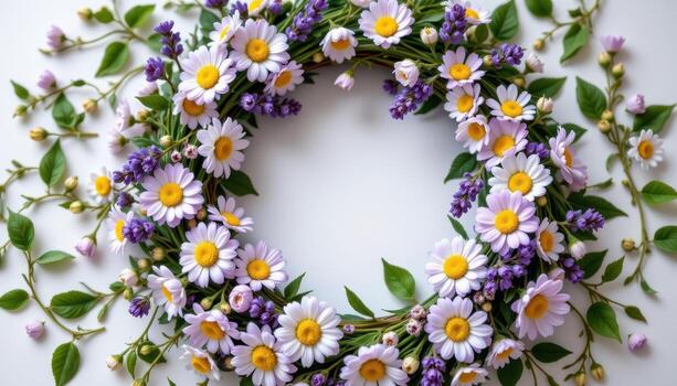 primavera lavanda guirnalda con margaritas, verde hojas, minúsculo brotes, circular amable armonioso floral disposición. foto