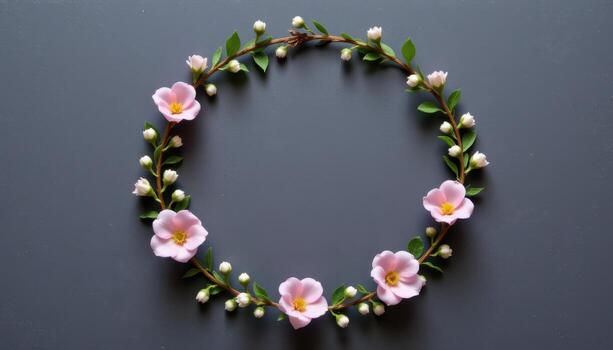 mínimo floral guirnalda con suave rosado flores, minúsculo blanco brotes, verde hojas, ordenado circular elegante modelo. foto