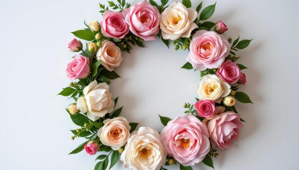 romántico floral guirnalda con peonias, rosas, suave verdor, minúsculo brotes, elegante circular primavera diseño diseño. foto