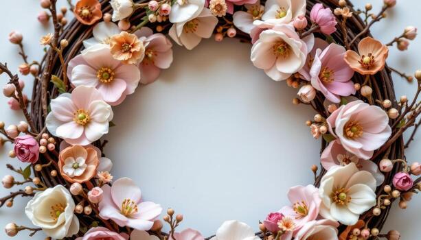rustic dried flower wreath with soft petals, intertwined twigs, tiny buds, circular natural aesthetic design. photo