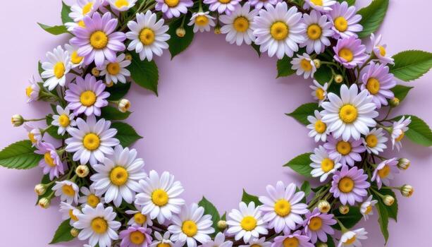 spring lilac wreath with daisies, green leaves, tiny buds, arranged in soft circular harmonious floral pattern. photo
