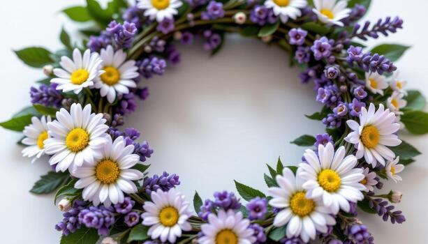 spring lavender wreath with daisies, green leaves, tiny buds, circular gentle harmonious floral composition. photo