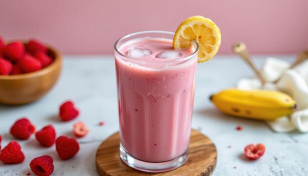 raspberry banana smoothie with coconut milk, ice cubes, creamy smooth texture, served in tall clear glass. photo