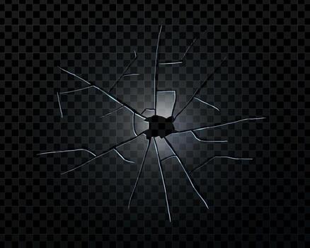 Realistic cracked glass texture with broken mirror and bullet hole effect. Abstract 3D shattered screen background with surface and sharp fragments. Perfect for crash or vandalism design. vector