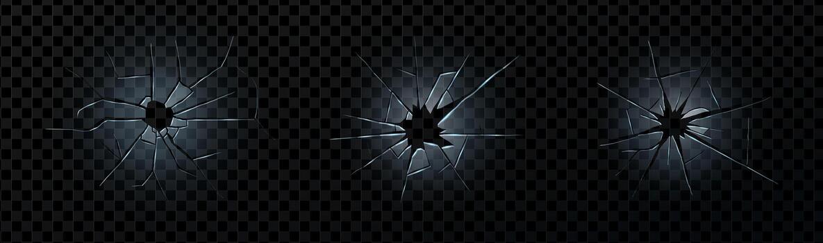 Broken screen with shattered glass and transparent debris. Realistic mirror crack with bullet hole and abstract texture. Great for repair, vandalism, or crash-themed graphics. vector