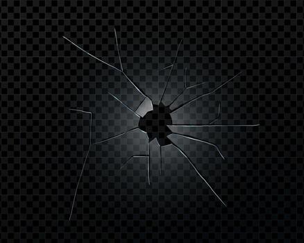 Cracked window glass with hole and bullet impact. Realistic broken mirror texture and shatter pattern. Abstract isolated for accident, repair, or destruction themes. vector