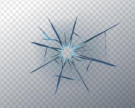 Realistic broken glass texture with sharp cracks and shattered fragments. Abstract background with hole and bullet impact effect. design for crash or damage overlay. vector