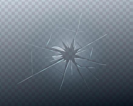 Realistic cracked glass texture with broken mirror and bullet hole effect. Transparent 3D shattered screen background with debris and sharp edges. Perfect for crash, repair, or vandalism design. vector