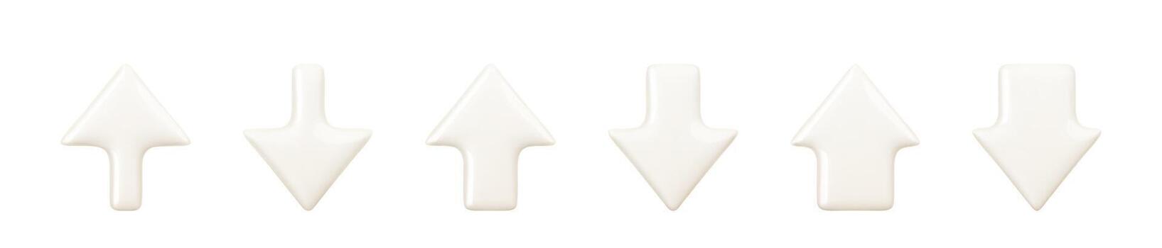 Set of realistic glossy 3d arrow icons pointing up and down. White plastic arrows of different thickness isolated on white background. Design element for app, infographic, website vector