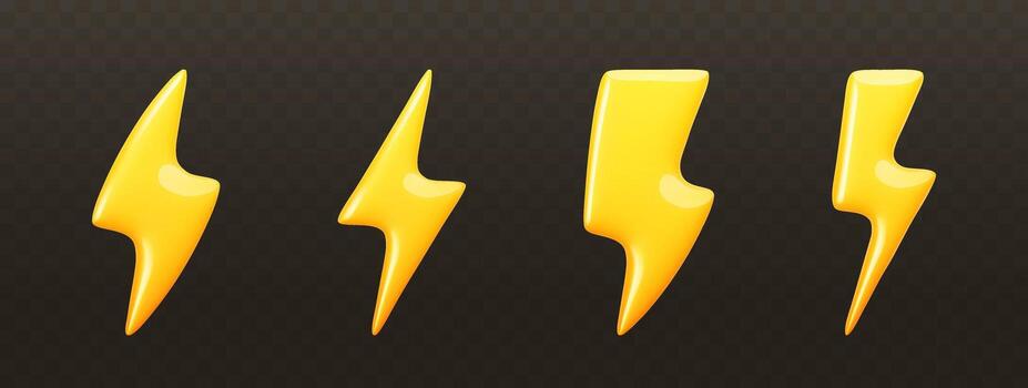 Set of yellow glossy lightning bolt icon in realistic style isolated on black background. Weather icons design for website, mobile app and sale banner. 3d thunder sign vector