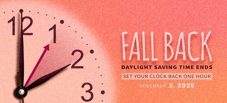 Fall Back. Daylight saving time ends banner with realistic clock hands on texture orange autumn background. Don't forget to set your clocks back one hour vector
