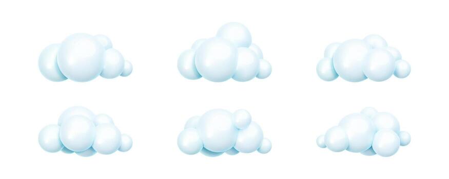 Set of glossy bubble 3d cloud icons in realistic style. Blue plastic clouds isolated on white background. Cumulus rounded cloudy shapes for weather forecast. Trendy cute elements vector