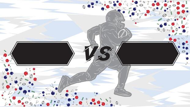 Outline American Football Player VS Battle Template for Sport Tournament Background. Dynamic Gray Runner Silhouette with Hexagon Text Boxes on Abstract Light Pattern vector