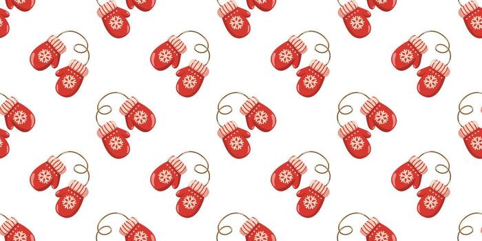 Seamless pattern with cartoon red mittens on string. Winter playful winter background. vector