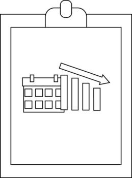 A clipboard shows a calendar icon bar graph and an arrow pointing downward vector