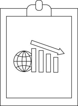 A clipboard shows a falling bar graph next to a globe with an arrow pointing downwards vector
