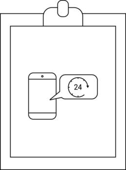 A clipboard displays a smartphone with a 24 symbol in a speech bubble indicating aroundtheclock service vector