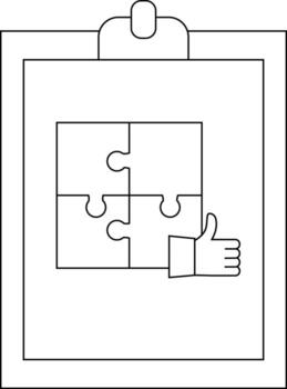 un portapapeles con un cuatro piezas rompecabezas y un Pulgares hacia arriba gesto en el adjunto documento vector