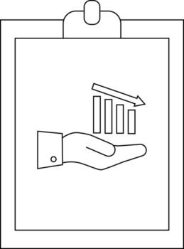 A clipboard displays a hand holding a decreasing bar graph with a downward arrow vector