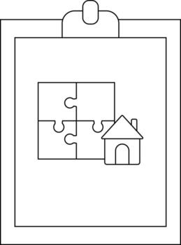 A clipboard displays a square puzzle with a house icon both outlined in black vector